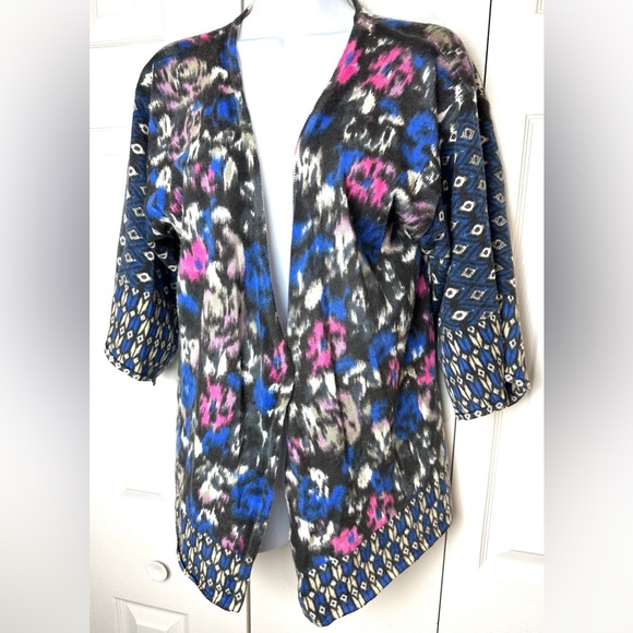 Anthro GUINEVERE Geofleur Kimono Wrap Cardigan Sweater Geo Floral Merino Wool - Picture 2 of 10